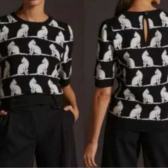Anthropology Maeve Cat Sweater Top S Black White Kitty Knit NWT - Picture 10 of 10